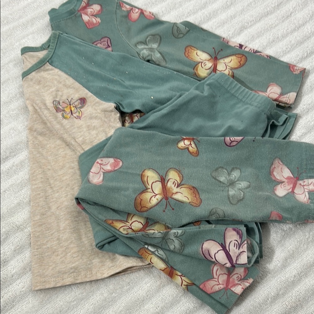 Butterfly Print Kids Set - Green and Cream Garanimals tops 3T pants 4T